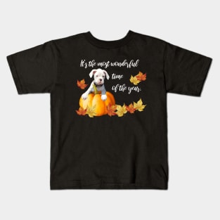 Fall Leaves, Halloween White Boxer Puppy Kids T-Shirt